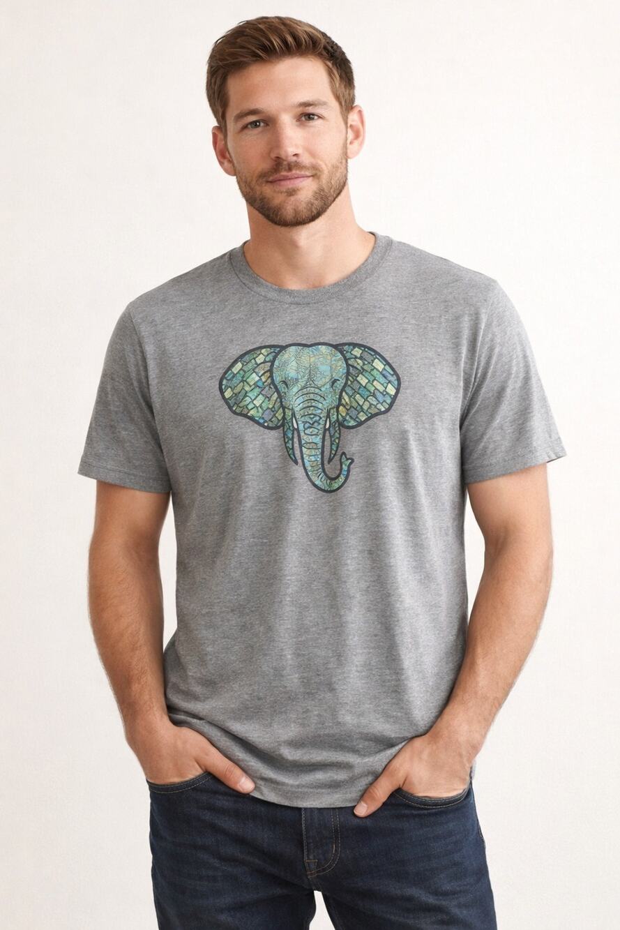 Mens Life is Good Cotton Blend Elephant Head Graphic Tee Gray Size Large